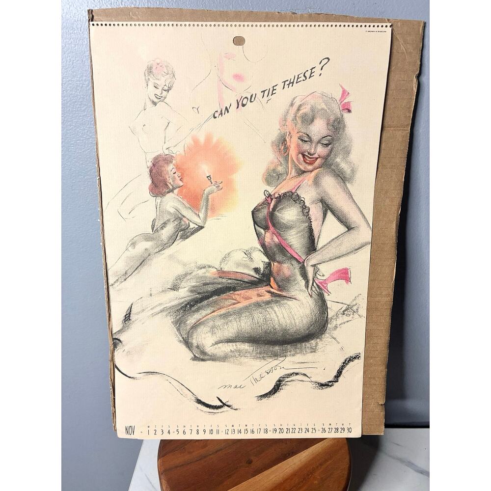 Vintage Mac Pherson Pin Up Calendar Page Brown Bigelow “Can You Tie These”
